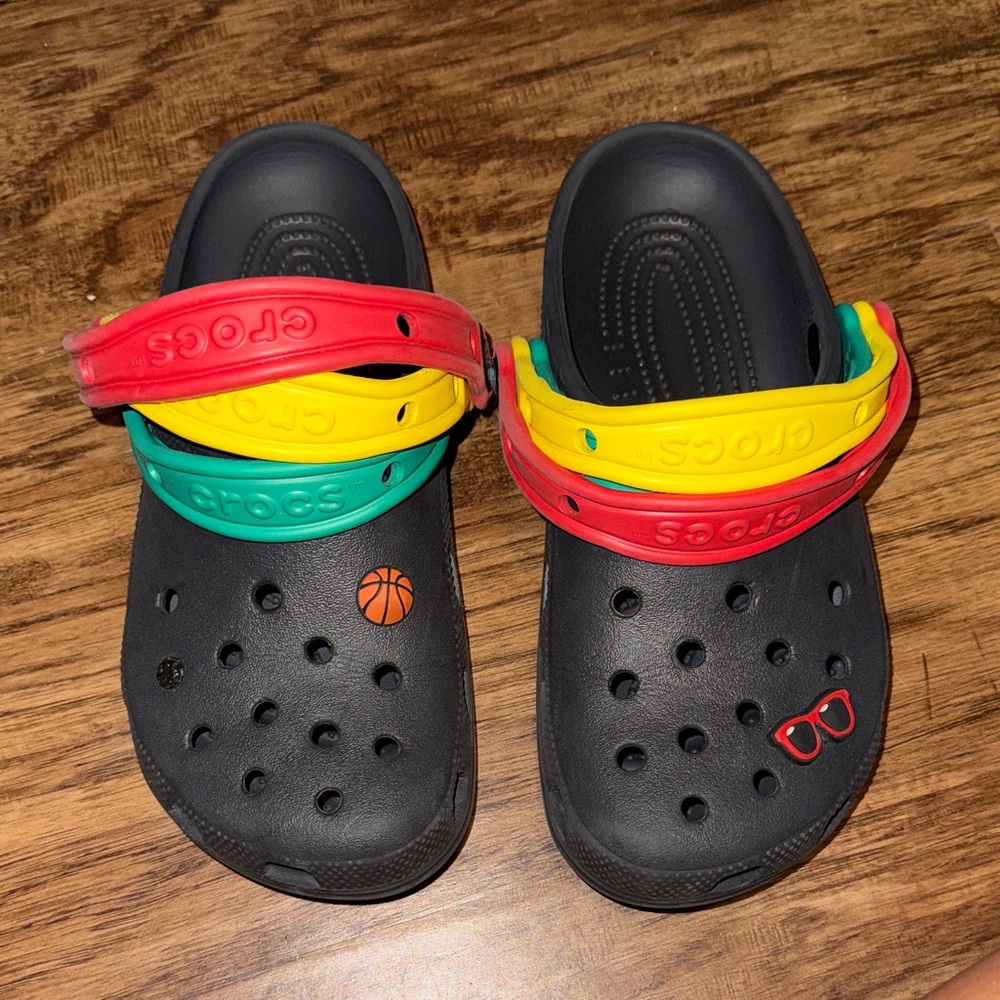 CROCS Kids' Black Sandals with Red, Yellow, and Green Straps